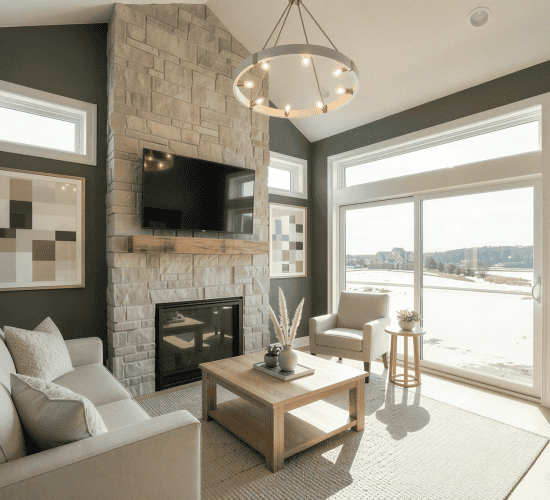 Bright modern living room with stone fireplace and large windows