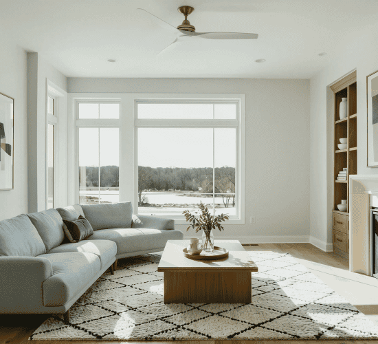 Sunlit modern living room with sofa, fireplace, and large windows