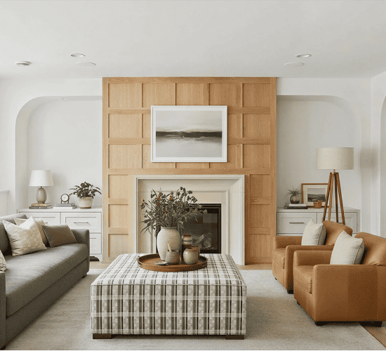 Modern living room with fireplace, gray sofa, and leather chairs
