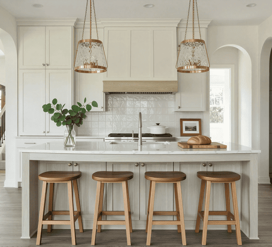 White kitchen with large island, wood stools and decorative pendant lights