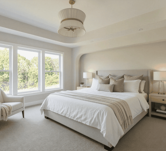 Bright primary bedroom with upholstered bed and large windows