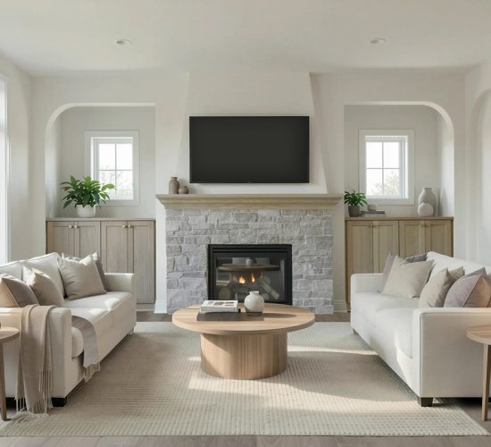 Bright living room with stone fireplace, built-in cabinets and neutral seating