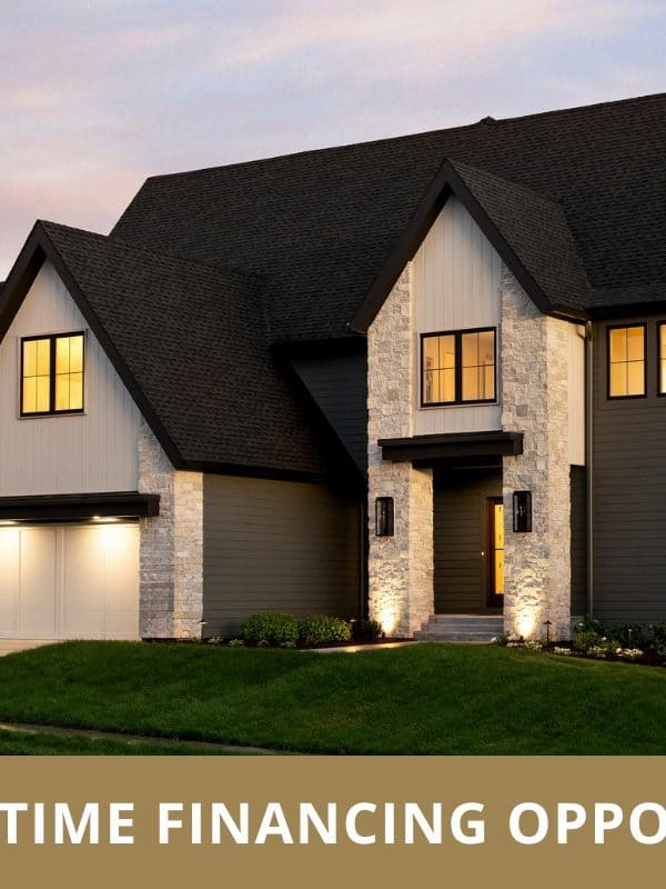 Modern suburban home at dusk with limited-time financing banner