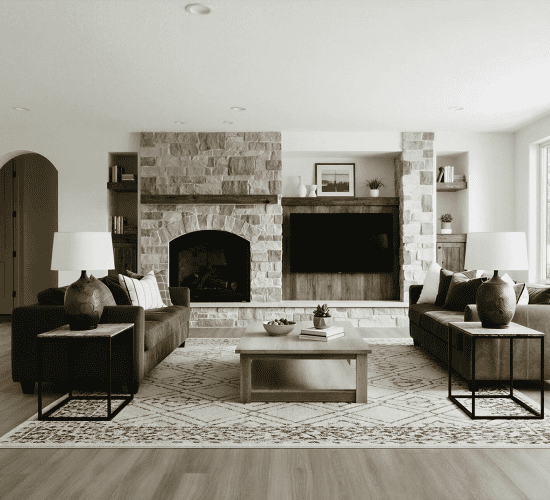 Modern living room with stone fireplace, TV, sofas, and large windows
