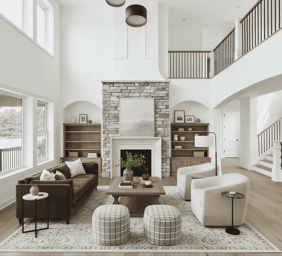 Two-story great room with stone fireplace and built-in bookshelves