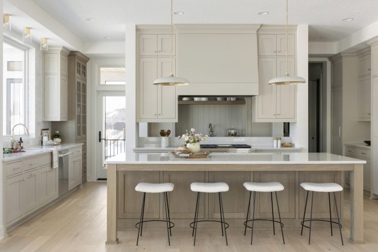 Bright modern kitchen with island, stools, and pendant lights