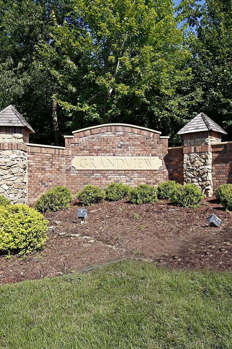 Grandview neighborhood entrance sign with brick pillars and landscaping