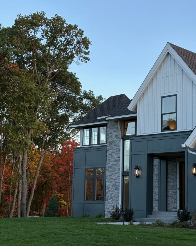 Modern custom home with stone accents and large windows in Elwell Farms.